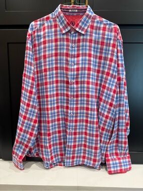 Bugatchi Linen Red & Blue Plaid Button-Down Shirt